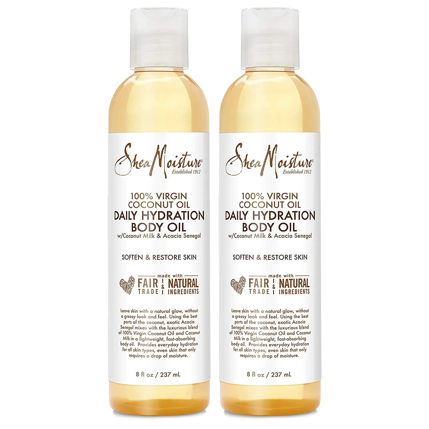 SheaMoisture Body Oil, Daily Hydration 2-Pack – Lightweight, Non-Greasy Moisturizer with 100% Extra Virgin Coconut Oil, Coconut Milk, and Acacia Senegal, 8 Oz Ea