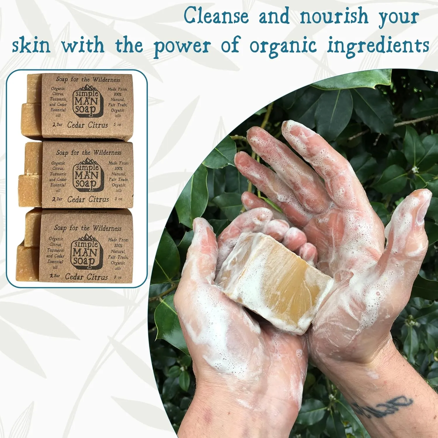 SimpleMan Soap Bar (Cedar Citrus) - Men’s soap with Organic & Fair Trade Essential Oils - All Natural, Handmade Man Bath Soap Bars-Pack of Six 2.5 Ounce bars(15 Ounces Total)
