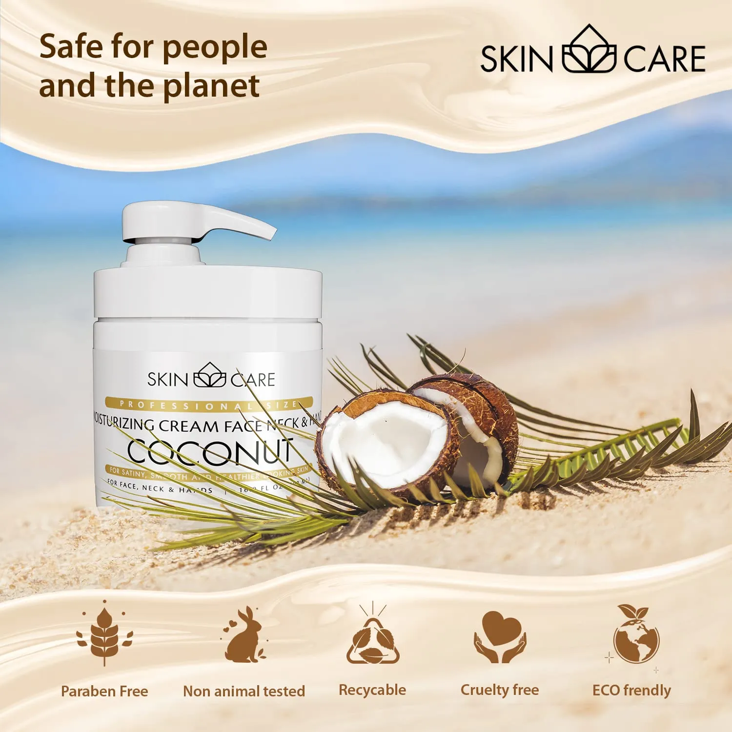 Skin Care Coconut Oil 3-in-1 Moisturizer Face Cream, Neck and Hands - Treatment for Crepey Texture, Wrinkles and Sagging - Daily Lotion for All Skin Types - 16.9 fl. oz.