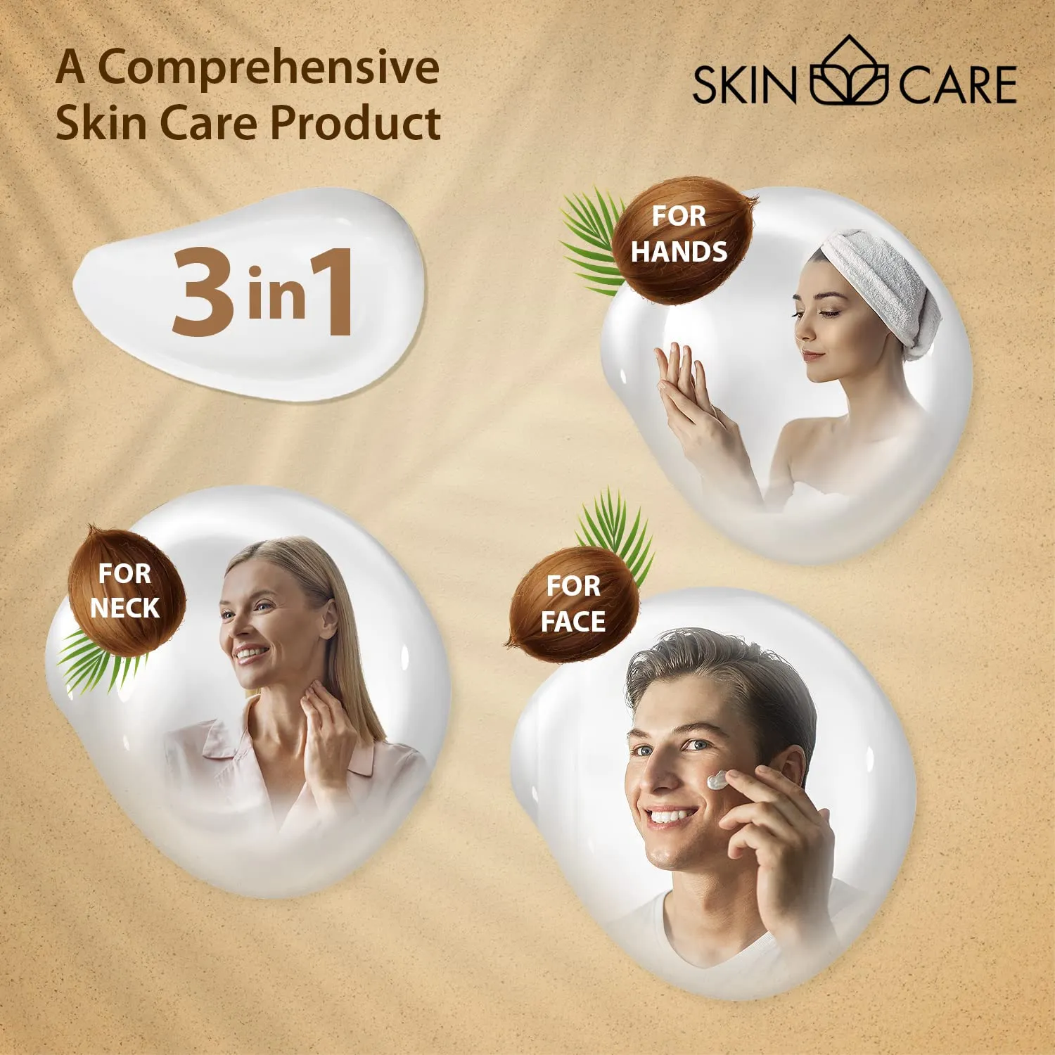 Skin Care Coconut Oil 3-in-1 Moisturizer Face Cream, Neck and Hands - Treatment for Crepey Texture, Wrinkles and Sagging - Daily Lotion for All Skin Types - 16.9 fl. oz.