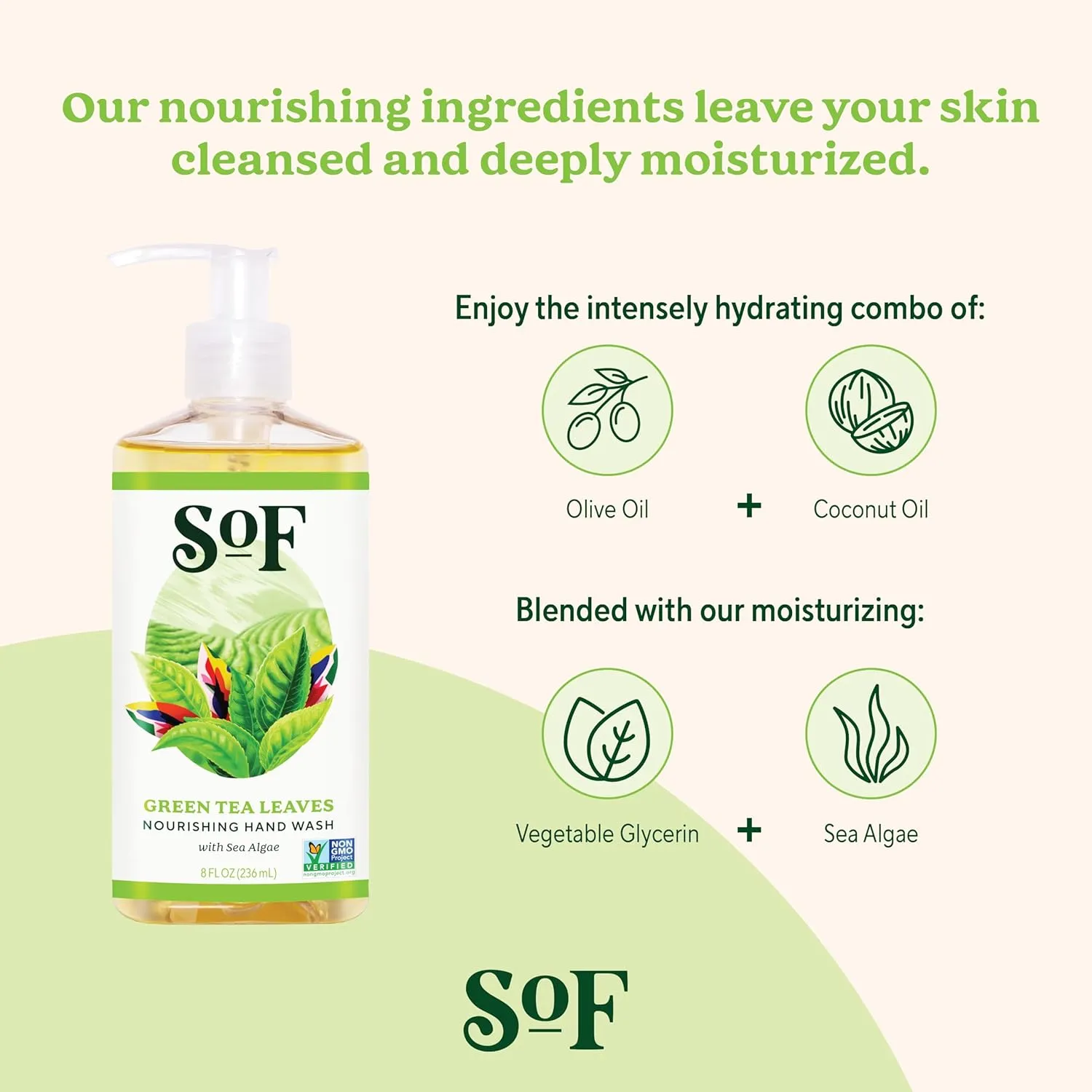 SoF Nourishing Hand Wash - With Moisturizing Sea Algae, Coconut & Olive Oil- Vegan & Non GMO- Free From Phthalates, Sulfates & Parabens- Green Tea Leaves - 8 oz Bottle 6 Pack