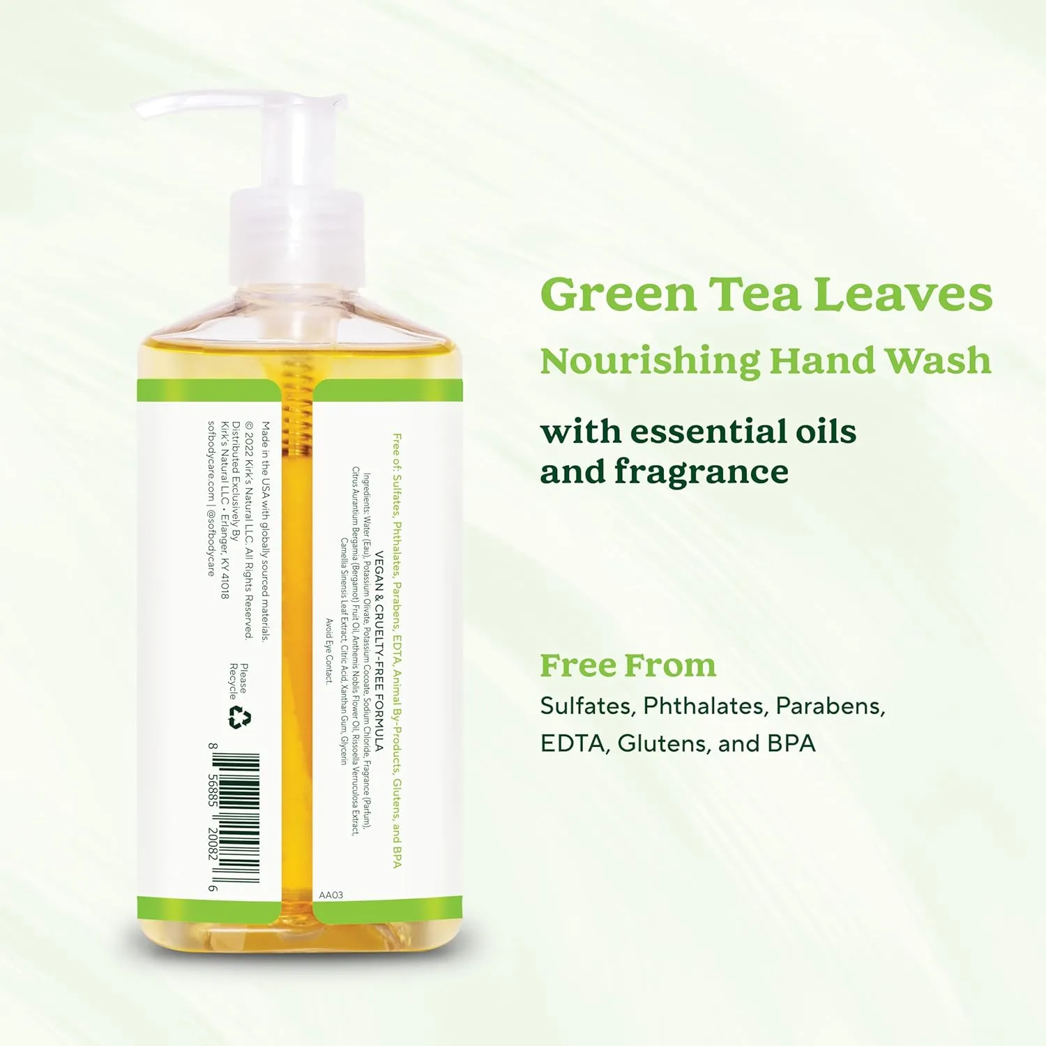 SoF Nourishing Hand Wash - With Moisturizing Sea Algae, Coconut & Olive Oil- Vegan & Non GMO- Free From Phthalates, Sulfates & Parabens- Green Tea Leaves - 8 oz Bottle 6 Pack