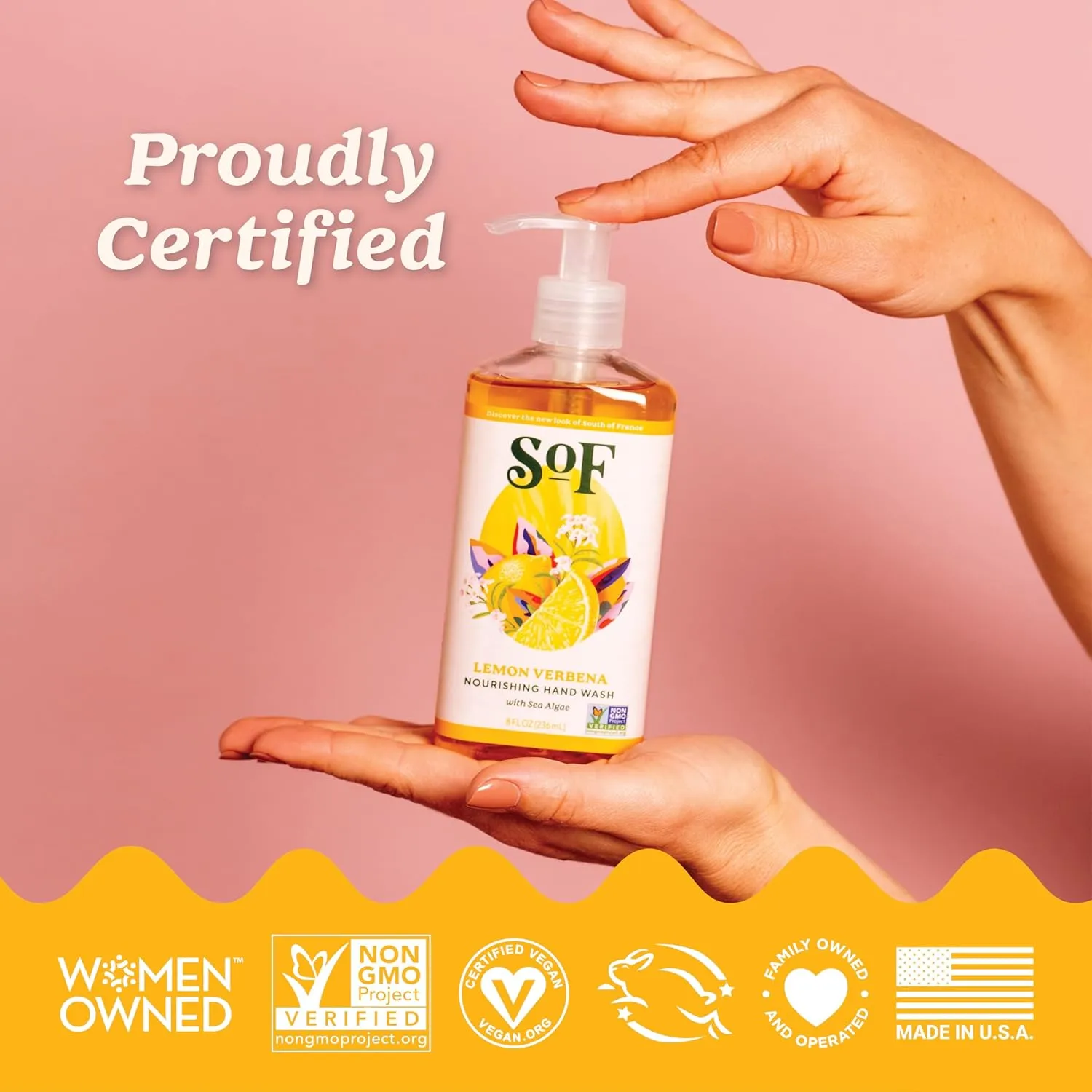 SoF Nourishing Hand Wash - With Moisturizing Sea Algae, Coconut & Olive Oil- Vegan & Non GMO- Free From Phthalates, Sulfates & Parabens- Lemon Verbena - 8 oz Bottle 6 Pack