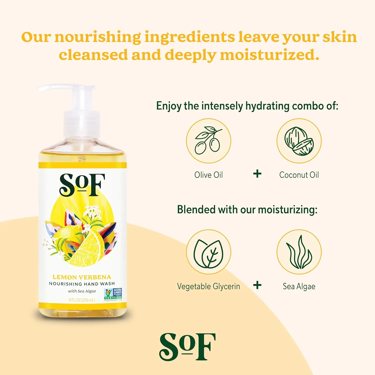 SoF Nourishing Hand Wash - With Moisturizing Sea Algae, Coconut & Olive Oil- Vegan & Non GMO- Free From Phthalates, Sulfates & Parabens- Lemon Verbena - 8 oz Bottle 6 Pack