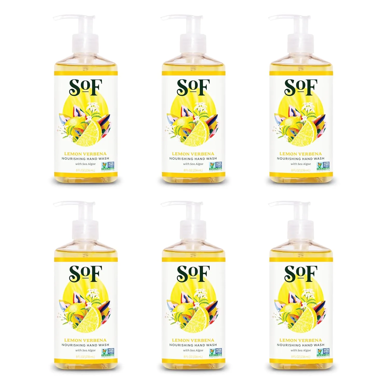 SoF Nourishing Hand Wash - With Moisturizing Sea Algae, Coconut & Olive Oil- Vegan & Non GMO- Free From Phthalates, Sulfates & Parabens- Lemon Verbena - 8 oz Bottle 6 Pack