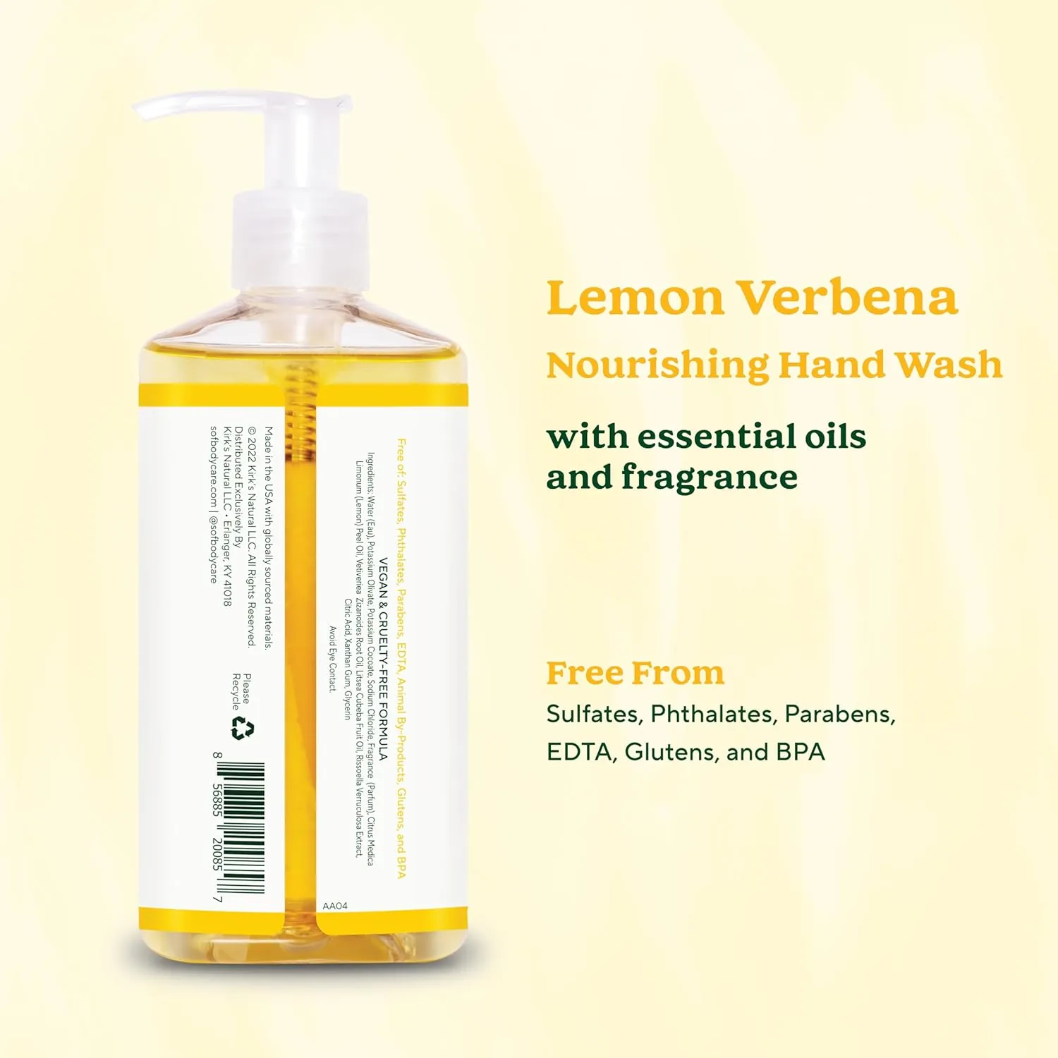 SoF Nourishing Hand Wash - With Moisturizing Sea Algae, Coconut & Olive Oil- Vegan & Non GMO- Free From Phthalates, Sulfates & Parabens- Lemon Verbena - 8 oz Bottle 6 Pack