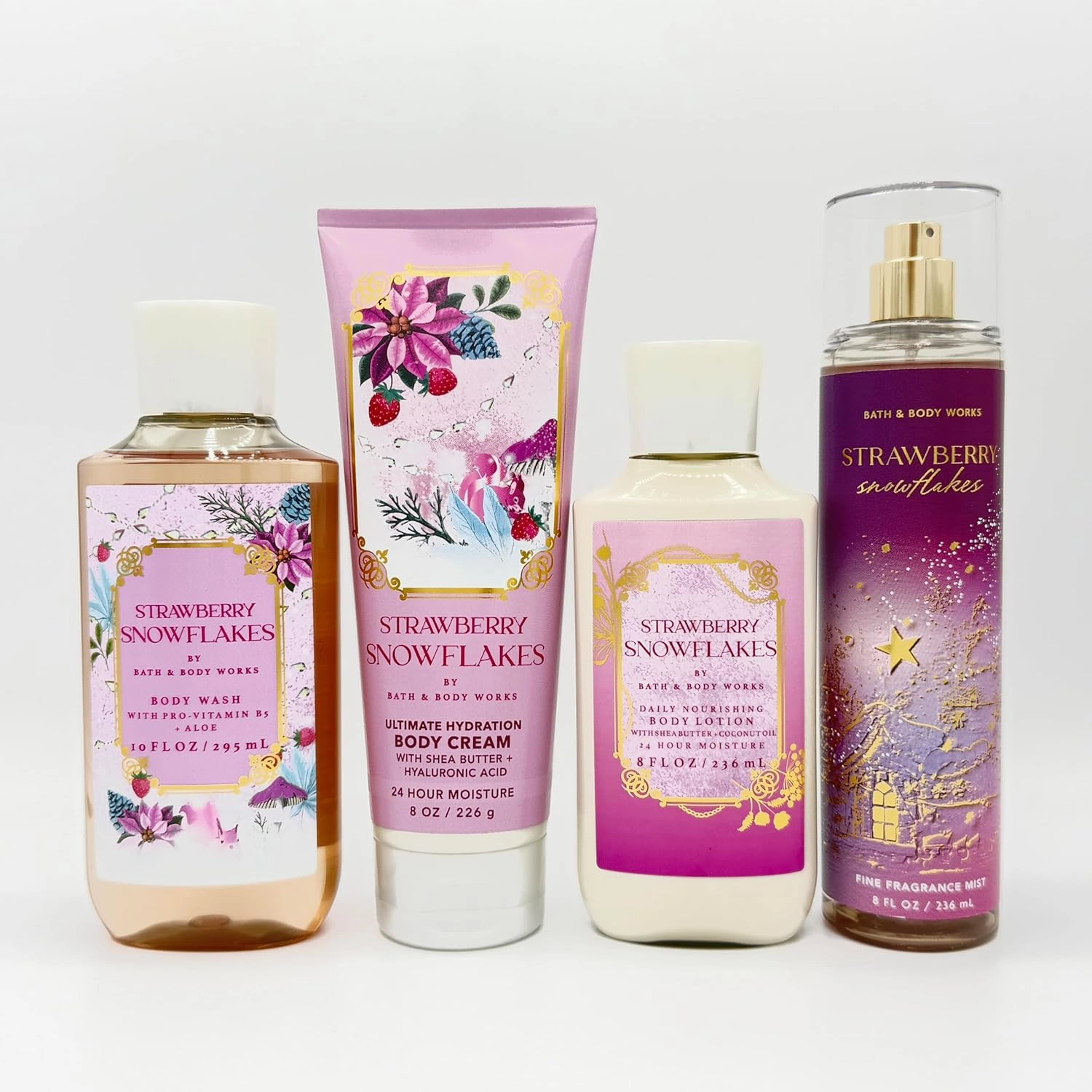 Strawberry Snowflakes 4-Piece Bath Bundle | Body Wash, Ultimate Hydration Body Cream, Daily Nourishing Body Lotion and Fine Fragrance Mist