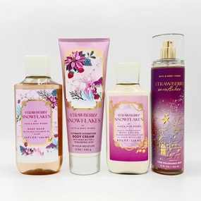 Strawberry Snowflakes 4-Piece Bath Bundle | Body Wash, Ultimate Hydration Body Cream, Daily Nourishing Body Lotion and Fine Fragrance Mist