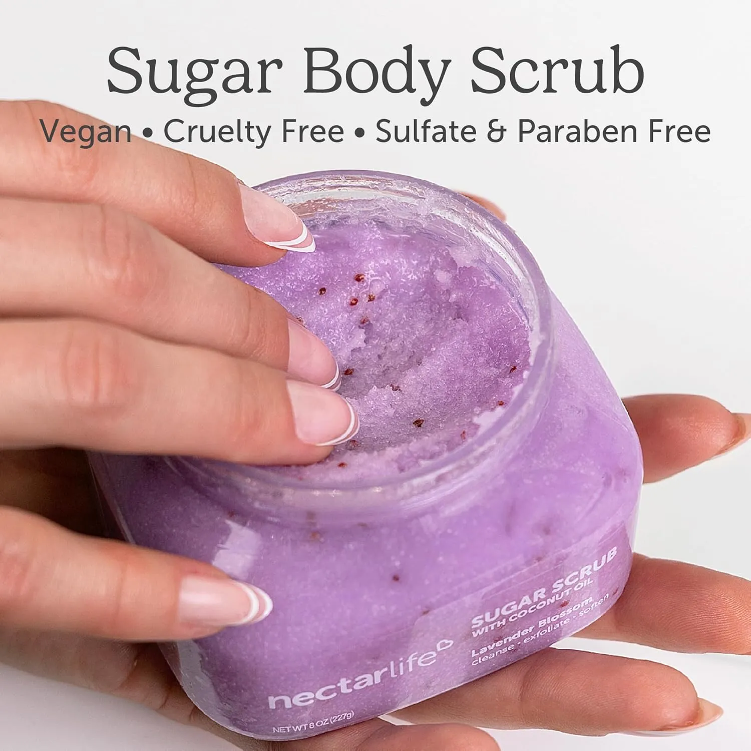 Sugar Body Scrub, Exfoliating Body Scrub with Moisturizing Shea Butter and Coconut Oil, Paraben Free, SLS Free, Cruelty Free Skin Care for Women and Girls, Handmade Fresh, 8 Oz (Lavender)