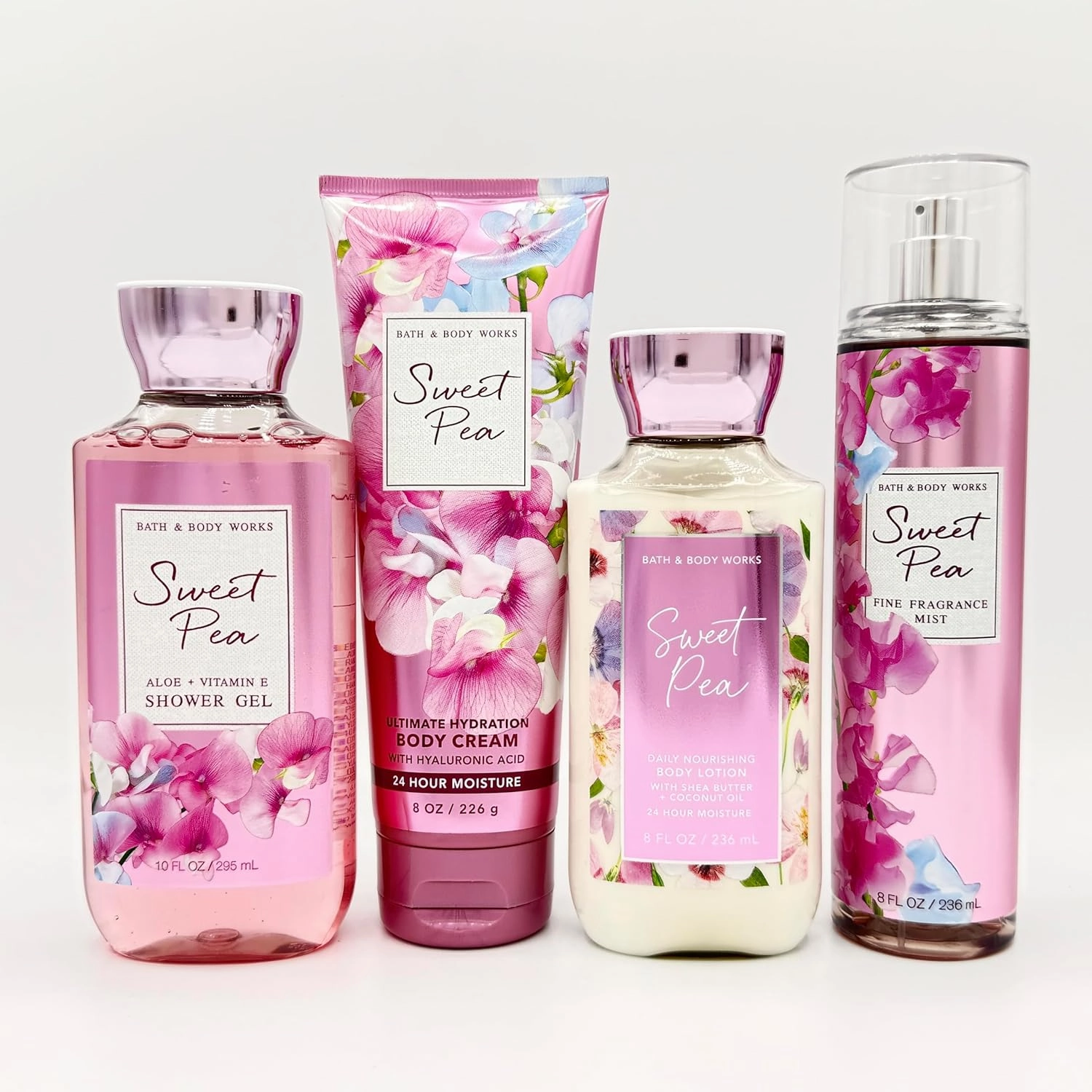 Sweet Pea 4-Piece Bath Bundle | Shower Gel, Ultimate Hydration Body Cream, Daily Nourishing Body Lotion and Fine Fragrance Mist