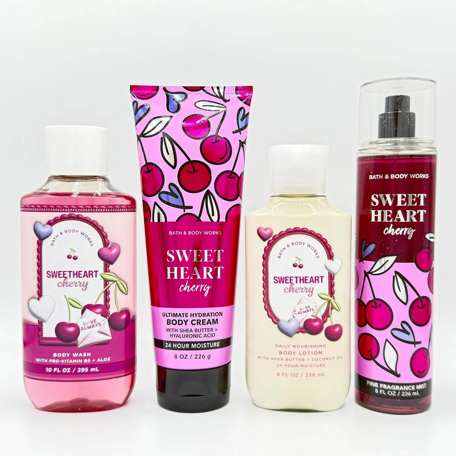 Sweetheart Cherry 4-Piece Bath & Body Bundle | Body Wash, Ultimate Hydration Body Cream, Daily Nourishing Body Lotion and Fine Fragrance Mist