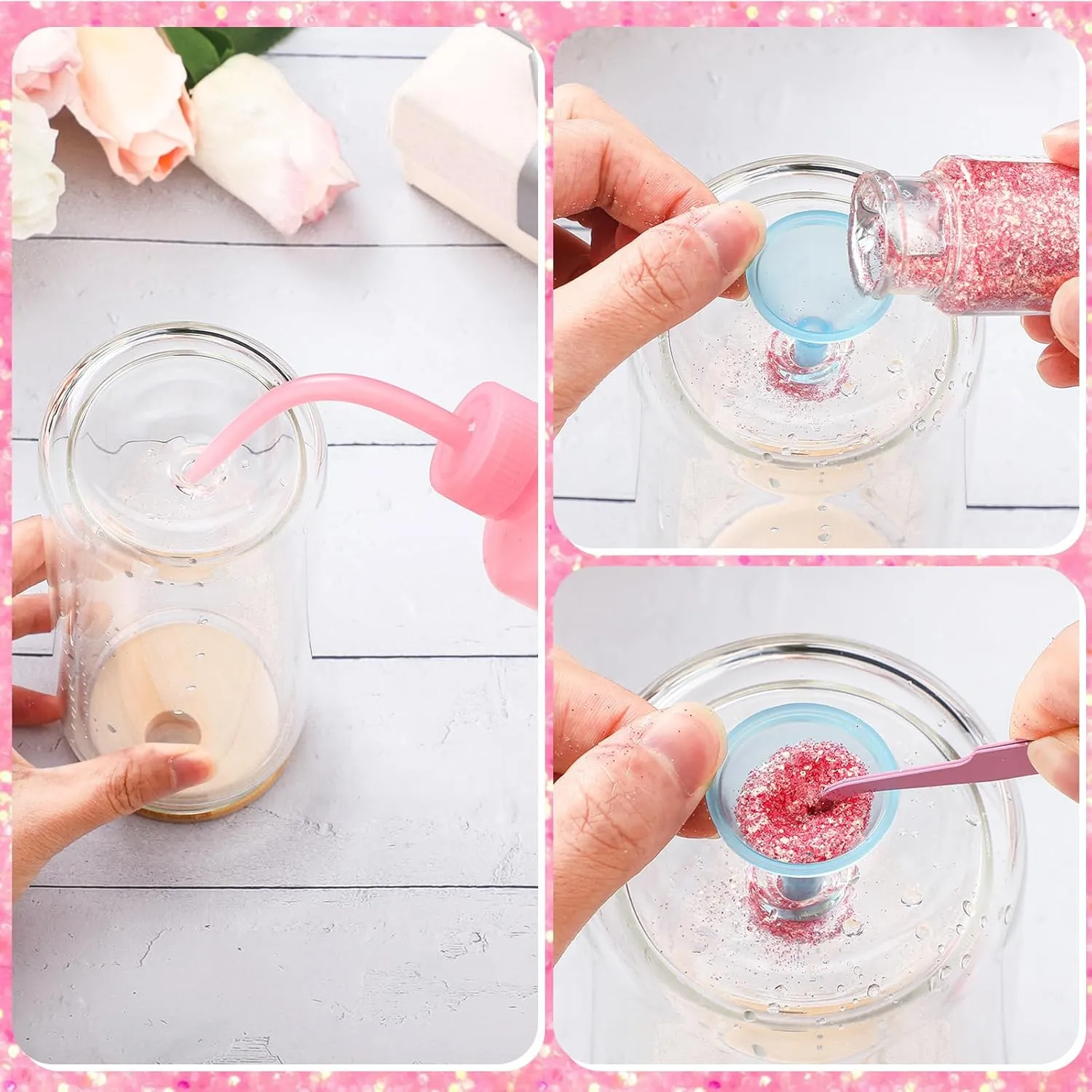 Teenyyou 5 Pcs Snow Globe Tumbler Supplies for Glitter Snow Globe DIY Contains Plastic Squeeze Bottle Small Funnel Tweezers Bent Syringe for Cup Making Supplies(Pink)