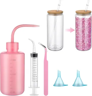 Teenyyou 5 Pcs Snow Globe Tumbler Supplies for Glitter Snow Globe DIY Contains Plastic Squeeze Bottle Small Funnel Tweezers Bent Syringe for Cup Making Supplies(Pink)