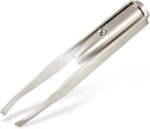 TEMKIN Tweezers Professional Stainless Steel Makeup LED Light Slant Tip Hair Removal Eyelashes Eyebrow Tweezers Makeup Tool with Battery Tweezers
