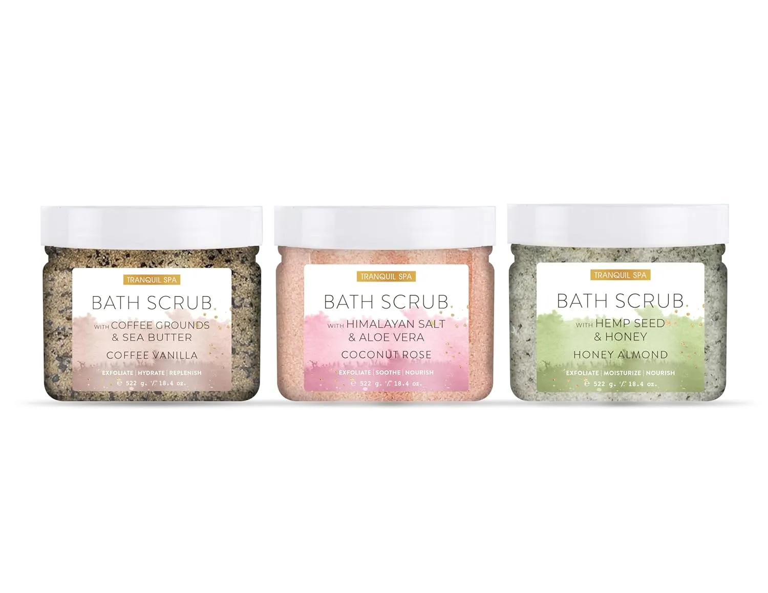 Tranquil Spa Body Scrubs | Coffee and Shea, Himilayan and Aloe | Hemp Seeds and Honey | Set of 3 18oz | Home and Body Company