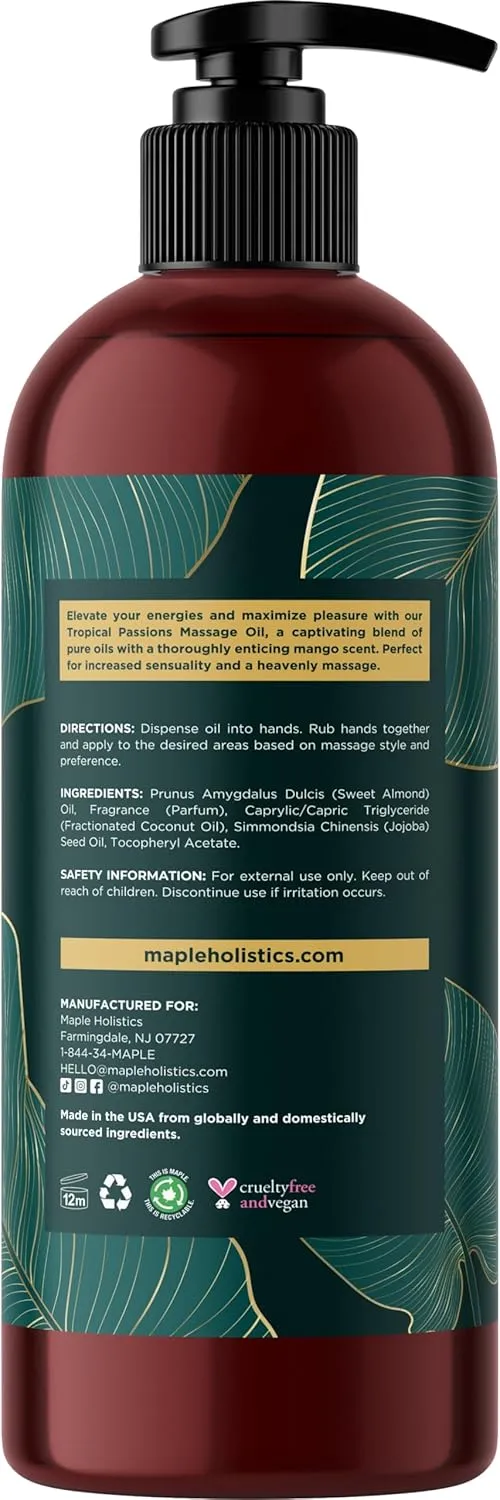 Tropical Massage Oil for Couples Relaxation - Full Body Massage Oil for Date Night with Smooth Gliding Coconut and Sweet Almond Oil with Mango Scent - Non GMO Gluten Free & Vegan (16 Fl Oz)