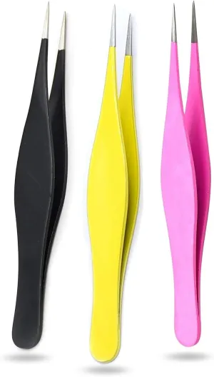 Tweezers for Ingrown Hair Precision Sharp Needle Nose Pointed Tweezers for Splinters, Ticks & Glass Removal - Best for Eyebrow Hair, Facial Hair (3 pack pointed, yellow, black and Pink)