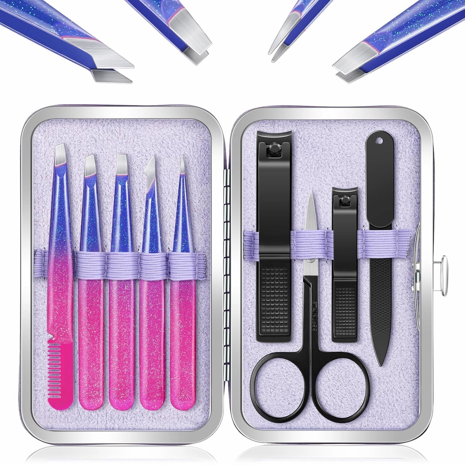 Tweezers Set and Nail Clippers, 9 Pcs Stainless Steel Tweezers Kit for Men Professional Manicure Set for Men Grooming Kit with Leather Travel Case