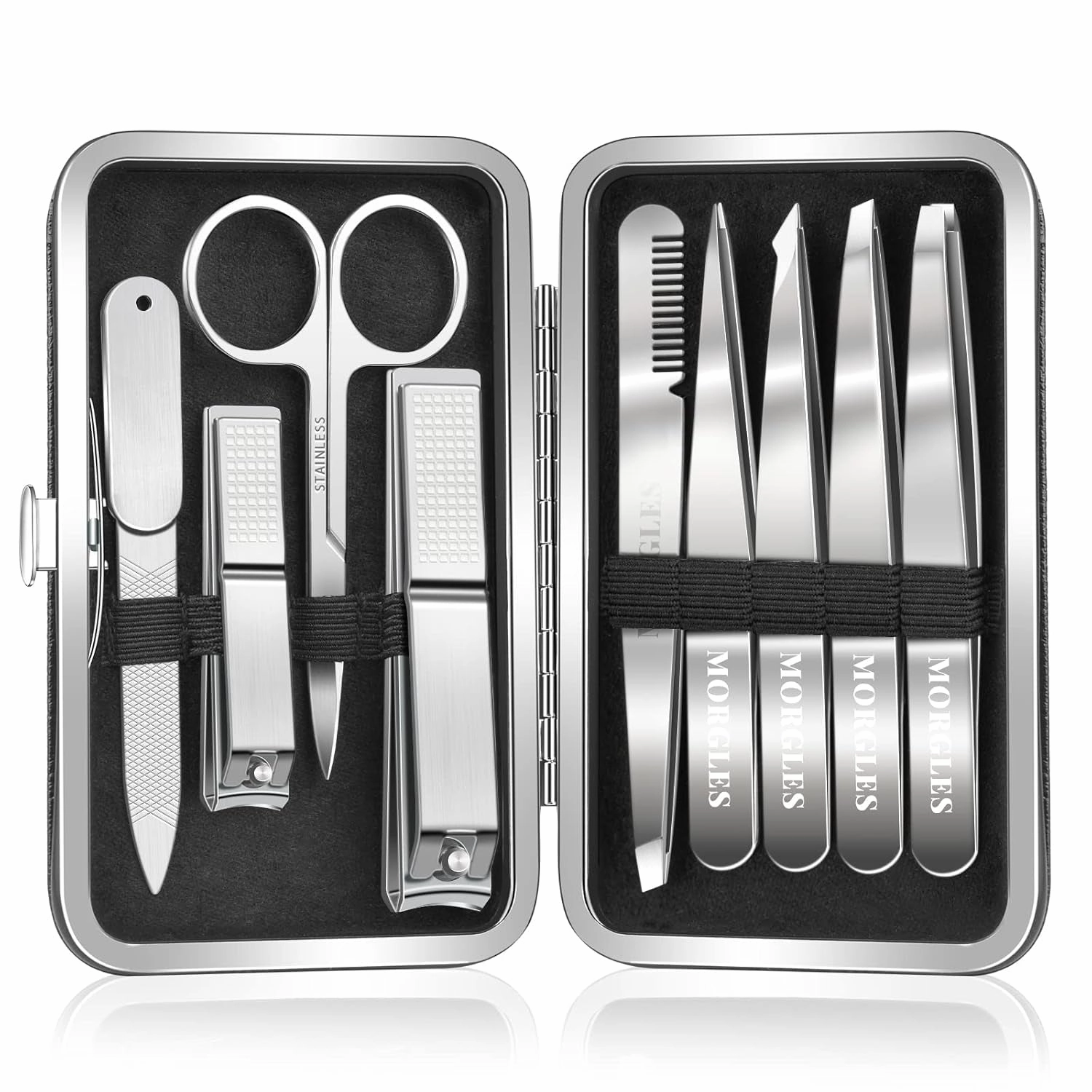 Tweezers Set and Nail Clippers, 9 Pcs Stainless Steel Tweezers Kit for Men Professional Manicure Set for Men Grooming Kit with Leather Travel Case