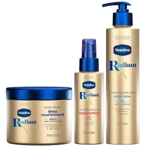 Vaseline Radiant X Skin Care Set – Even Tone Nourishing Body Lotion with 1% Niacinamide, Deep Nourishment Body Cream with Vitamin C   Hydrating Body Oil with Vitamin E (3 Piece Set)