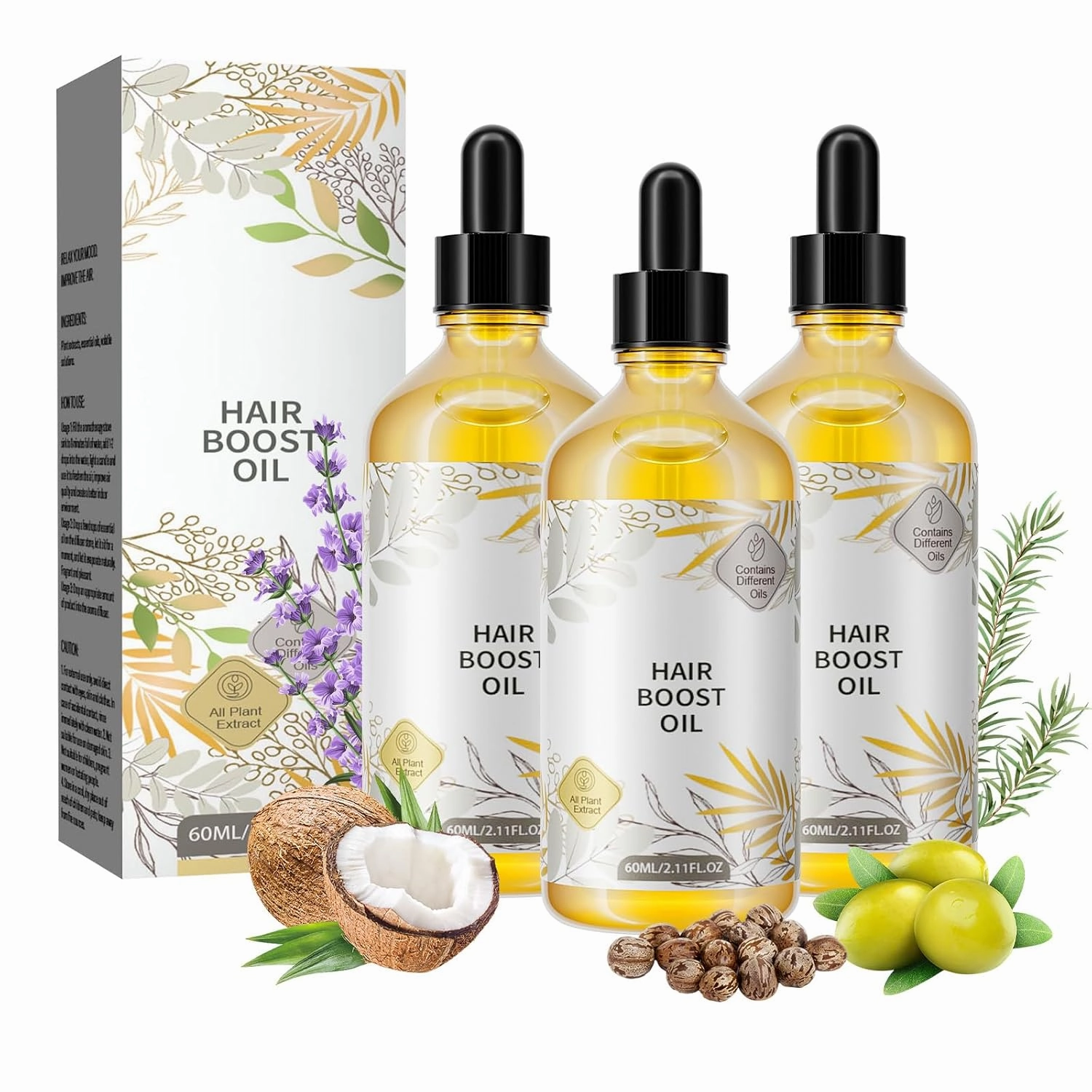 Veganic Hair Growth Oil, Natural Hair Growth Serum with Rosemary, Castor, Lavender, Coconut and Olive, Reduces Hair Fall & Breakage, Hair Care Oil for Dry Damaged Hair (3 x 60 ml)