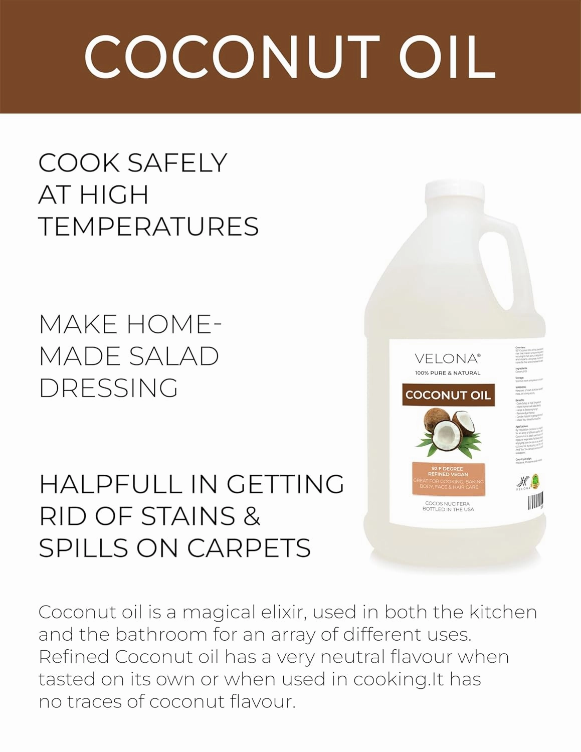 velona Coconut Oil 92 Degree 1 Gallon / 128 Fl Oz | 100% Pure and Natural Carrier Oil | in jar | Refined, Cold pressed | Skin, Face, Body, Hair Care | Use Today - Enjoy Results