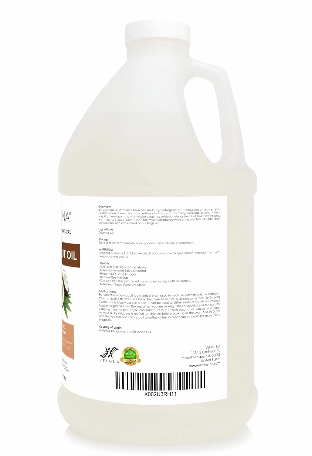 velona Coconut Oil 92 Degree 1 Gallon / 128 Fl Oz | 100% Pure and Natural Carrier Oil | in jar | Refined, Cold pressed | Skin, Face, Body, Hair Care | Use Today - Enjoy Results
