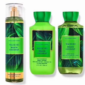 WAIKIKI BEACH COCONUT Bath and Body Fine Fragrance Mist 8 fl oz Daily Nourishing Body Loiton 8 oz Body Wash 10 fl oz 3 pcs bundle Gift Set