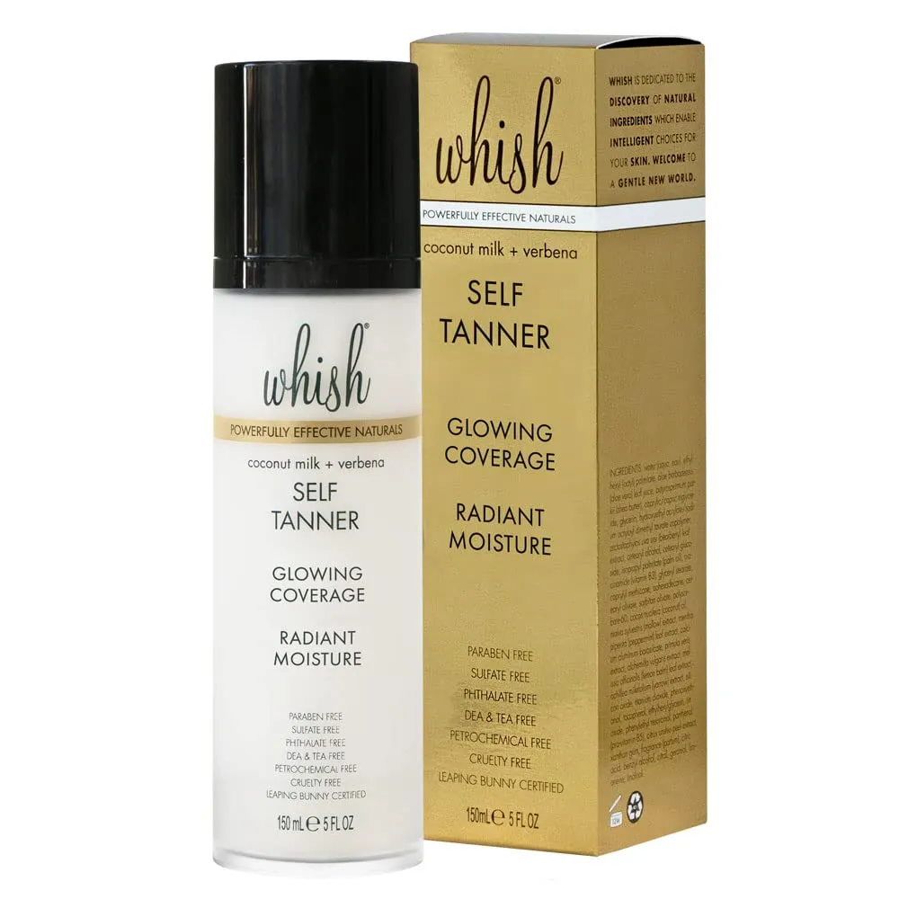 Whish Beauty Self Tanner - Sunless Tanning Lotion for Face & Body - Moisturizes with Shea Butter, Mango Butter, & Aloe - For All Skin Tones - Paraben & Sulfate Free, 5 fl oz - Coconut Milk & Verbena