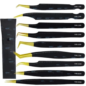 YNR Lash Eyelash Extension Tweezers, Japanese Stainless Steel Tools Straight Curved, Volume Tweezers Precision Angled Gold Tip with Free leather Case (YNR-L5GB)