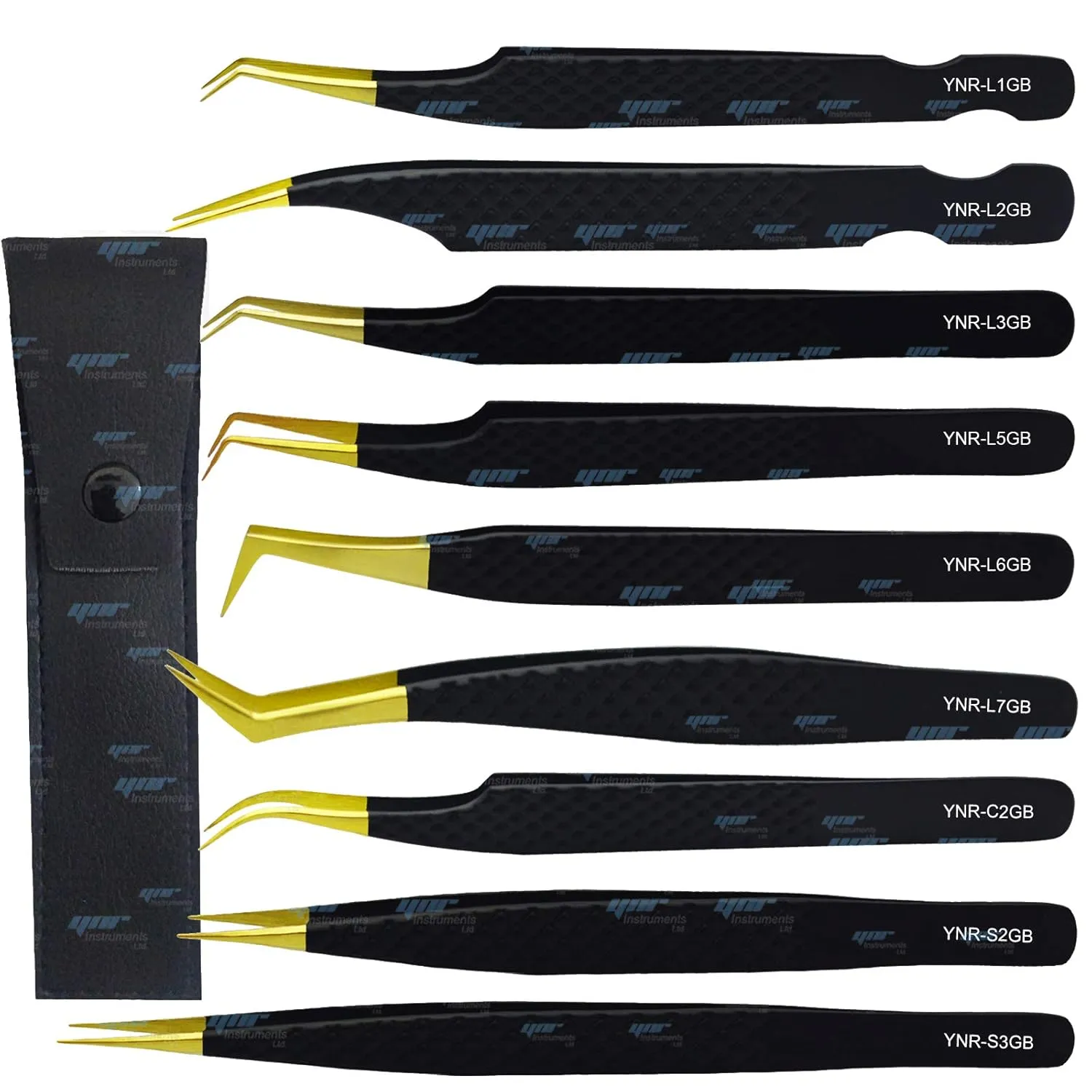 YNR Lash Eyelash Extension Tweezers, Japanese Stainless Steel Tools Straight Curved, Volume Tweezers Precision Angled Gold Tip with Free leather Case (YNR-L5GB)