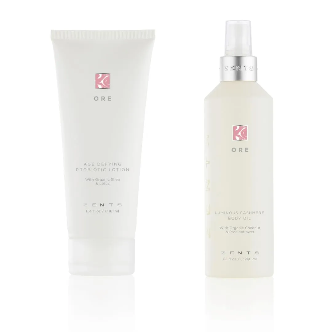 Zents Age-Defying Probiotic Lotion & Cashmere Body Oil Set (Ore Fragrance) | Moisturizing Lotion with Hyaluronic Acid & Organic Shea Butter | With Vitamin E & Coconut Oil | 6.4 fl oz & 8 fl oz